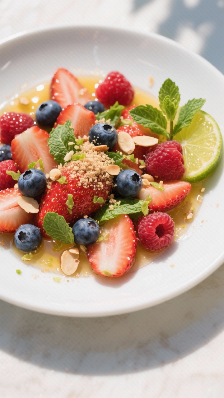 An overhead, vibrant plated presentation of honey-lime berries with mint and almond dust: a shallow white bowl brimming with sliced strawberries, blueberries, and raspberries, glossed with honey, flecked with fresh lime zest, and kissed with lime juice. Finely chopped fresh mint scattered throughout and a fine sprinkle of crunchy almond “dust” over the fruit. Bright, sunlit scene with a lime half and mint sprig on the side, highlighting juicy colors and dewy freshness.