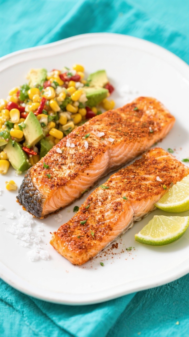 An overhead, vibrant plating of chili-lime air fryer salmon with corn–avocado salsa. Chili powder and cumin-rubbed salmon fillets with a zesty lime crust, arranged beside a chunky salsa of sweet corn kernels, ripe avocado, and lime zest and juice. Sprinkle of kosher salt and extra lime wedges on the side. Bright, fresh summer mood on a white ceramic plate with a turquoise linen for pop; crisp edges from air frying visible.