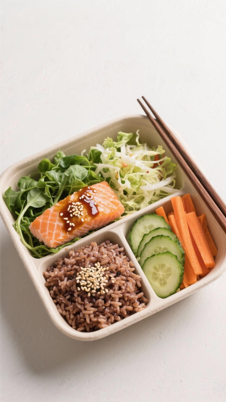 Bento-style overhead composition: ginger-sesame salmon and greens bowl with flaked salmon, mixed baby greens, shredded cabbage, a neat mound of brown (or sushi) rice, sliced cucumber, and matchstick carrots; sesame seeds and a glossy ginger-sesame dressing drizzle; compartments or tidy sections evoke Japanese-inspired balance, clean background and chopsticks.