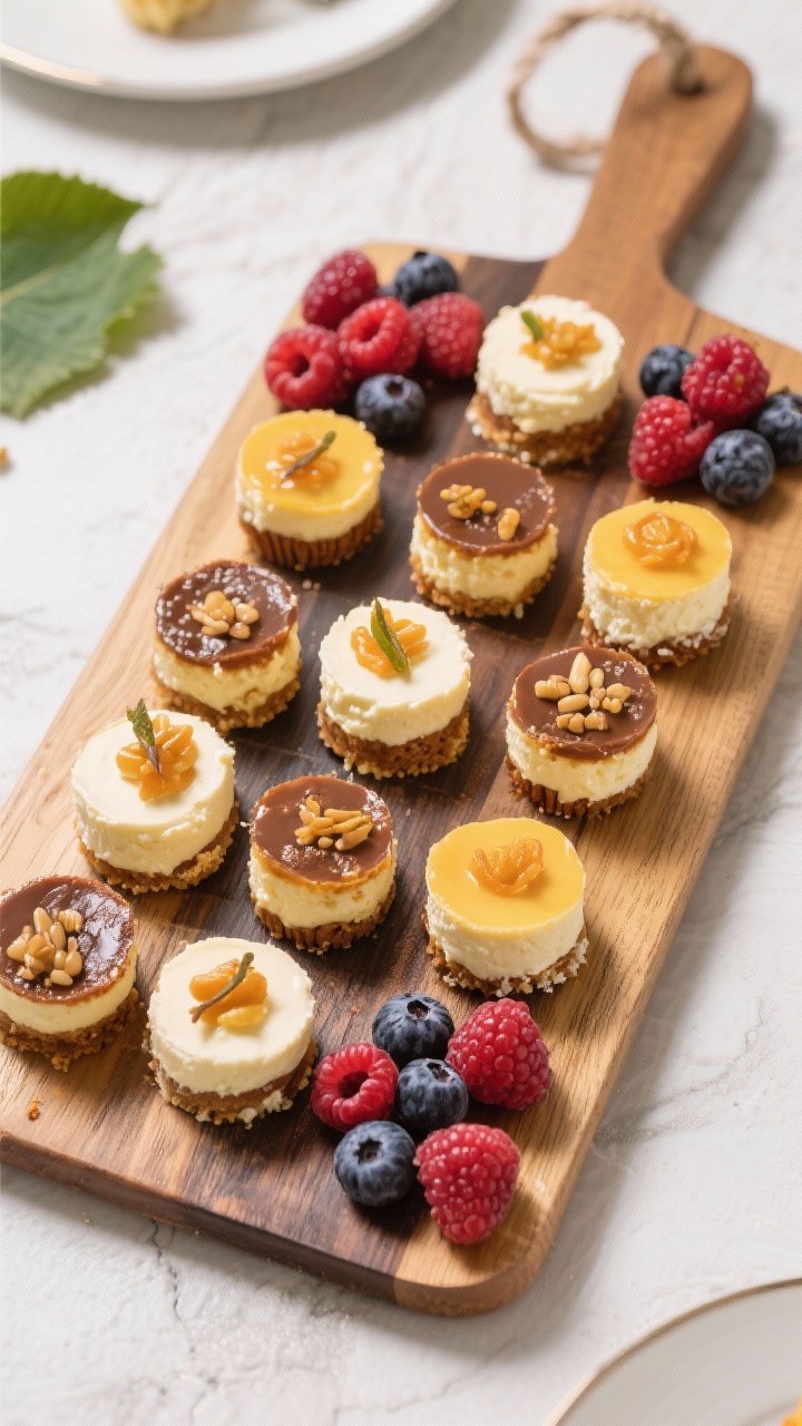 Boutique-bakery style overhead of Harvest Cheesecake Bites & Berries Board: neat grid of