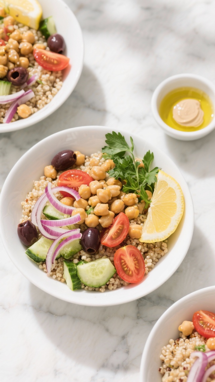 Bright overhead flat lay of Mediterranean chickpea power bowls: warm quinoa base topped with chickpeas, halved cherry tomatoes, diced cucumber, thinly sliced red onion, and Kalamata olives, with lemon wedges and a drizzle of olive oil. Fresh parsley sprigs for garnish, a small bowl of tahini-lemon dressing on the side. Served in wide white bowls on a sunlit marble surface, crisp colors and high contrast, clean modern styling.