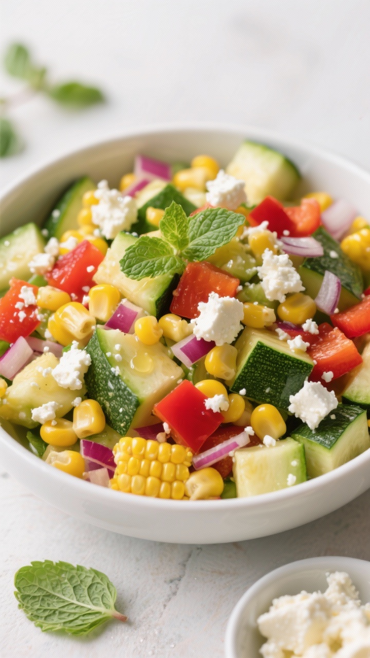Bright overhead salad bowl of sunshine zucchini, corn, and feta: diced zucchini, sweet corn kernels, ruby red bell pepper cubes, finely chopped red onion, and torn fresh mint or basil leaves, all tossed and topped with crumbles of feta; glossy light vinaigrette sheen; set in a white low bowl with a zesty, summery palette; scattered herbs and a small dish of feta on the side.
