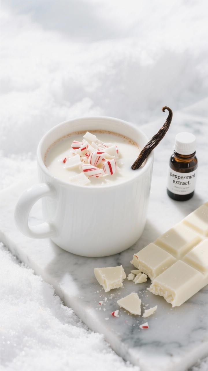 Clean overhead shot of peppermint white hot chocolate in a white ceramic mug, ultra-creamy and pale ivory from melted white chocolate and half-and-half; topped with finely shaved white chocolate and crushed peppermint candy, a minimal vanilla bean pod to the side; a small bottle labeled “peppermint extract,” and a bar of white chocolate broken into shards on a cool marble surface; bright wintery light for a snowy, dreamy mood.