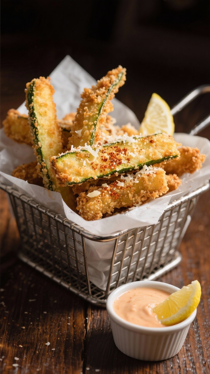 Close-up, 45-degree angle: Crispy Parmesan zucchini fries stacked in a parchment-lined metal basket, golden whole-wheat panko crust with finely grated Parmesan visibly clinging, dusting of garlic powder and smoked paprika, served with a small ramekin of light marinara and a lemon wedge; moody side light to emphasize crunch, rustic wooden table, shallow depth of field highlighting fry texture.