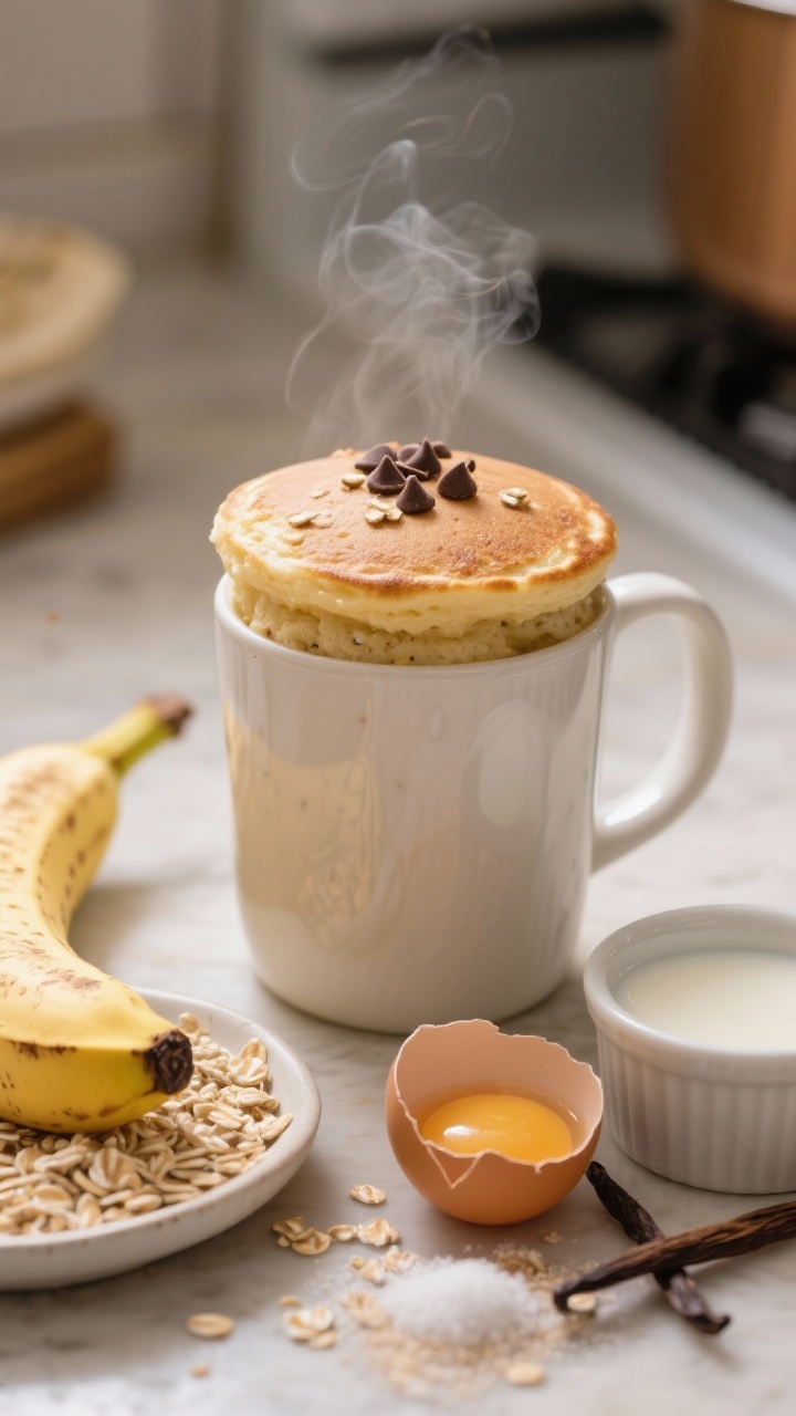 Close-up, 45-degree angle of a microwave-safe mug filled with fluffy banana oat pancake just risen, showing a tender, slightly domed top with visible oat flecks; ingredients staged beside: 1/2 ripe banana on a small plate, 1/4 cup rolled oats, a cracked egg in a ramekin, a dash of milk, baking powder, vanilla extract, and a pinch of salt; optional chocolate chips sprinkled on the pancake surface; warm kitchen light, shallow depth of field, steam subtly visible.