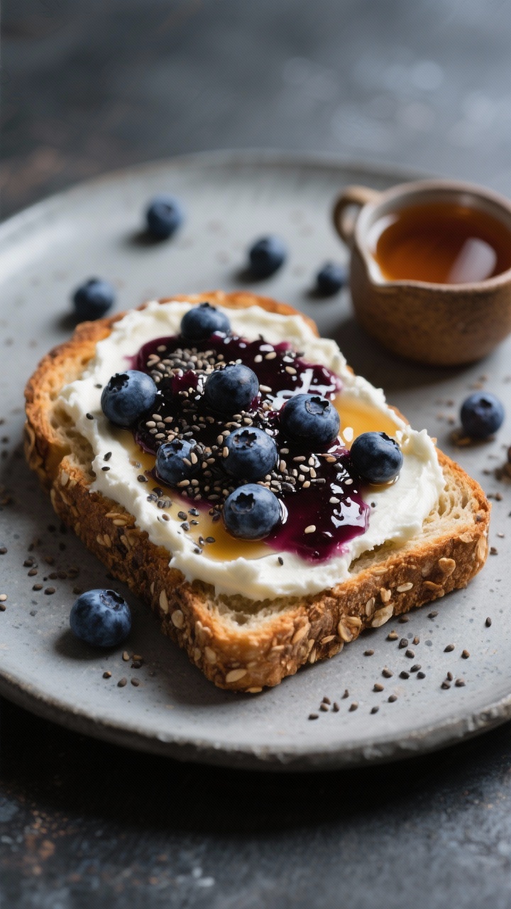 Close-up, 45-degree angle of Blueberry Chia “Jam” Ricotta Toast: toasted multigrain slice slathered with creamy ricotta, topped with a glossy chia-thickened blueberry mixture (fresh or thawed blueberries mixed with chia seeds and a touch of maple syrup), extra drizzle of maple glistening; visible chia specks and berry skins; served on a matte stone plate with a small pot of warm maple syrup and scattered chia seeds; moody, soft side light for rich texture.