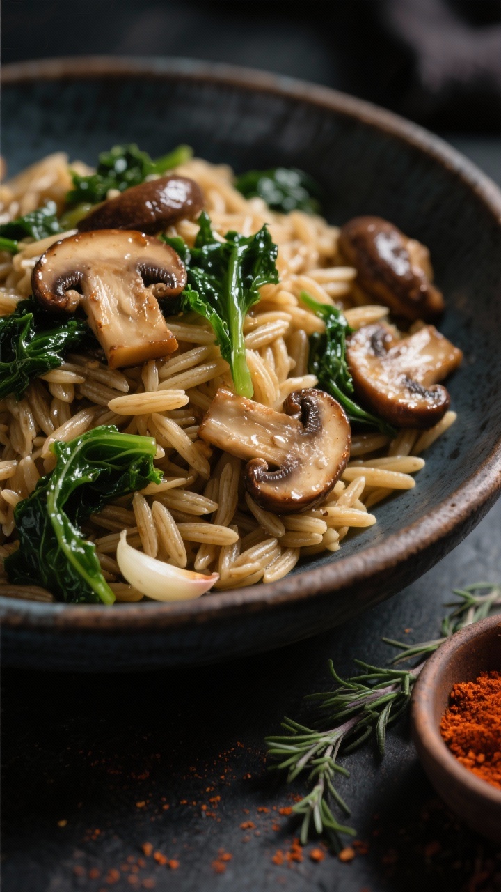 Close-up 45-degree shot of whole-grain orzo folded with sautéed cremini mushrooms and ribbons of wilted kale, perfumed with smoked paprika, dried thyme, garlic, and shallot; the orzo grains are glossy and distinct, with browned mushroom edges and a subtle smoky hue; served in a dark earthenware bowl to emphasize contrast, a small pinch bowl of smoked paprika and thyme sprigs to the side; moody, cozy lighting with soft highlights on the mushrooms.