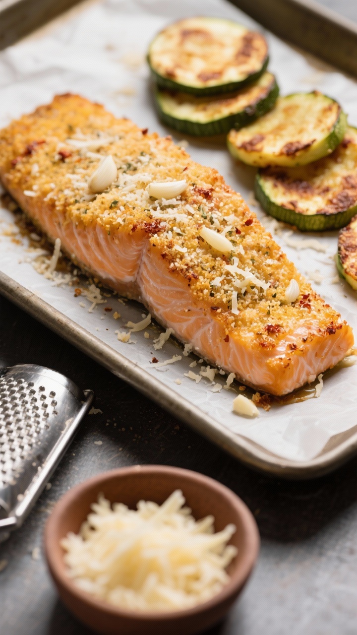 Close-up action shot: air fryer garlic-Parmesan salmon—golden, crusted tops from finely grated Parmesan, minced garlic, Italian seasoning, smoked paprika, sea salt—juicy flakes visible. Beside it, crispy zucchini coins with browned edges. Shot at 45 degrees on a parchment-lined tray, microplane and a small bowl of grated Parmesan in frame, warm directional light emphasizing crunch and melt.