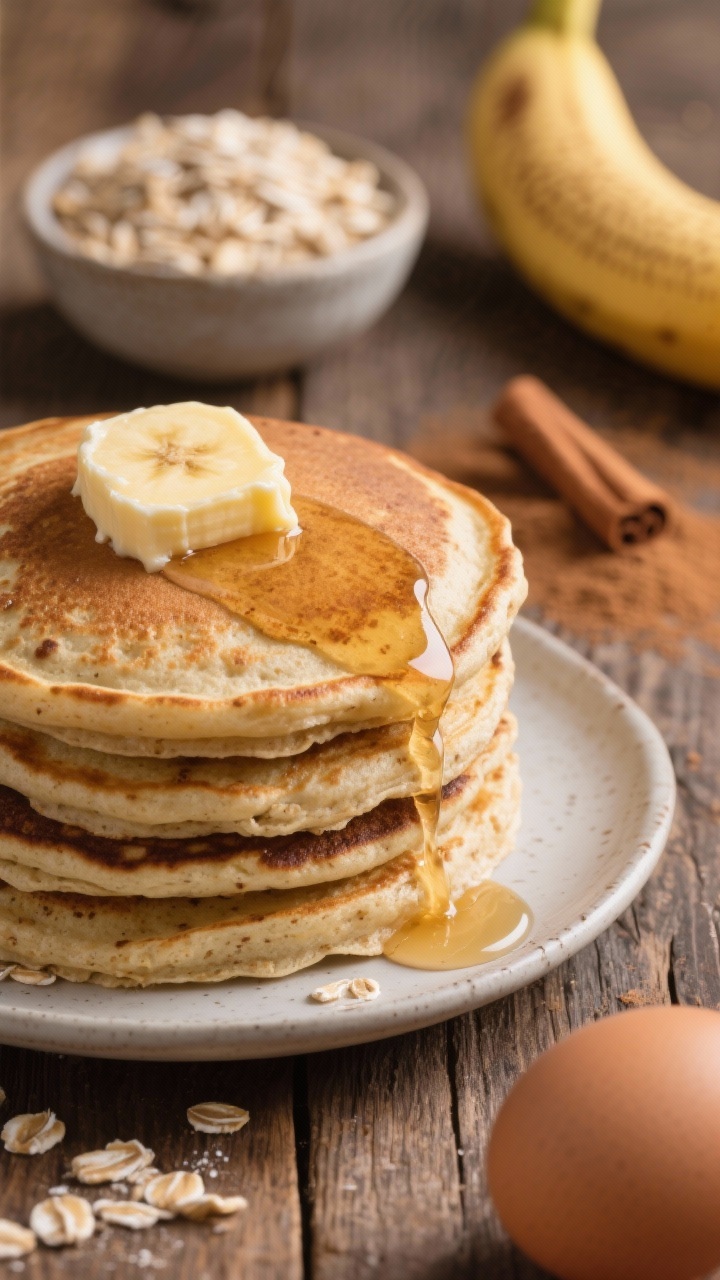 Close-up action shot of Cinnamon Oat Protein Pancakes: a stack of fluffy pancakes made from rolled oats, vanilla protein powder, baking powder, cinnamon, a pinch of salt, a ripe banana, and one egg. Emphasize the hearty oat texture and cinnamon specks; a pat of melting butter on top, light drizzle of maple syrup cascading down the edges. Warm, cozy tones on a rustic wooden table with a small bowl of dry rolled oats and a dusting of cinnamon in the background; shallow depth of field.