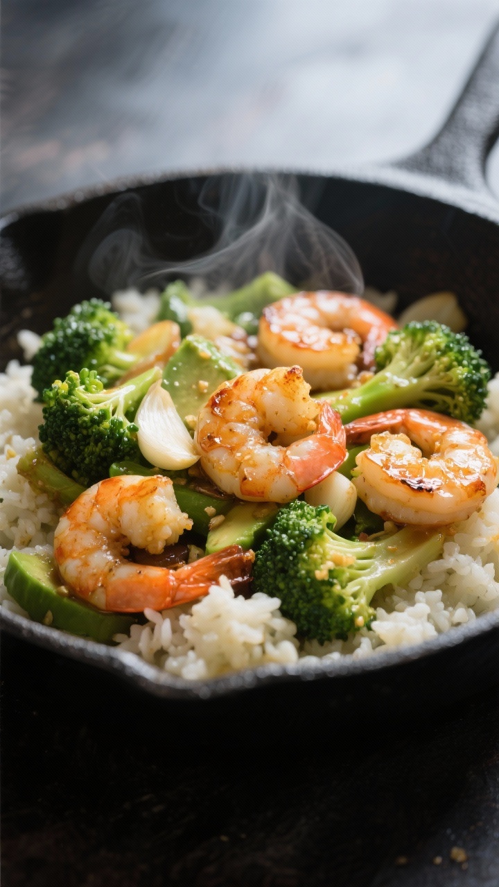 Close-up action shot of garlicky shrimp and broccoli stir-fry over cauli-rice: plump shrimp with a slight sear glistening in avocado oil, broccoli florets vivid green and tender-crisp, thin slices of garlic visible, steam rising; served over fluffy riced cauliflower in a shallow black skillet; hints of grated ginger and a light soy-citrus sheen; moody side light to capture gloss and texture, no people.