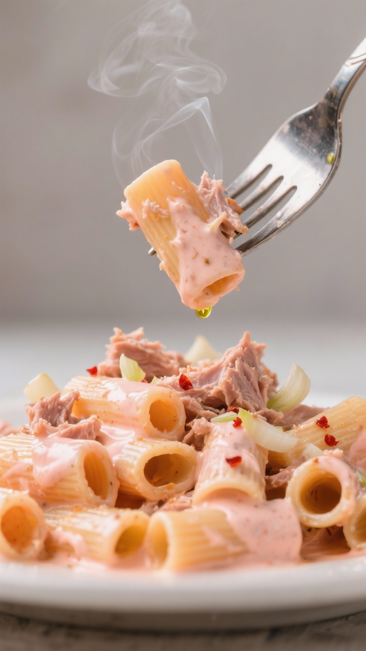 Close-up action shot of rigatoni coated in a creamy Greek yogurt “vodka-style” sauce with a gentle orange-pink hue, studded with flakes of olive-oil packed tuna; visible minced shallot, garlic, and red pepper flakes; a glossy sheen from a drizzle of olive oil; steam rising subtly; captured straight-on with a fork lifting a few tubes to showcase sauce cling and tuna texture; neutral backdrop for contrast.