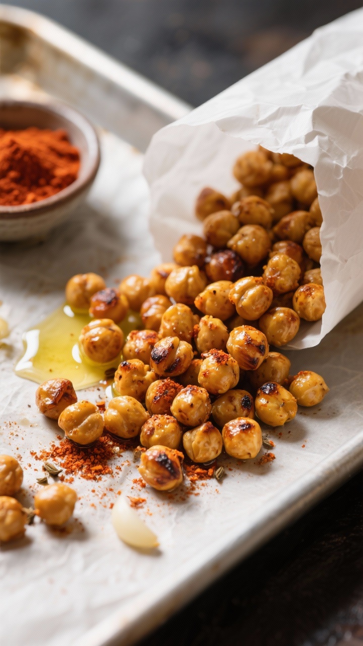 Close-up action shot of smoky roasted chickpeas spilling from a parchment-lined sheet pan, with visible seasoning of smoked paprika, ground cumin, and garlic powder clinging to the blistered, golden chickpeas. A small stream of extra-virgin olive oil glistens on the pan, a pinch bowl of paprika nearby. Shallow depth of field to emphasize crunchy texture; warm, toasty lighting suggesting fresh from the oven.