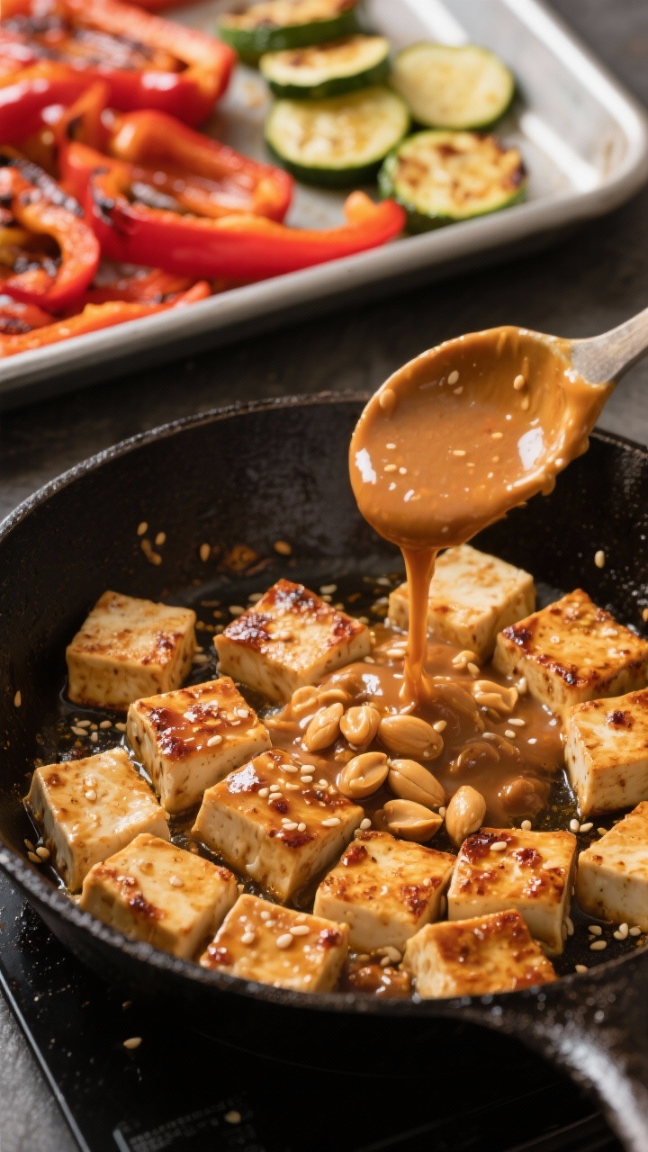 Close-up action shot of spicy peanut tofu meal prep: extra-firm tofu cubes, pressed and tossed with cornstarch, low-sodium soy sauce, and sesame oil, searing to a golden crust in a cast-iron skillet; nearby sheet pan shows roasted red bell pepper strips and zucchini half-moons caramelizing; a glossy spicy peanut sauce being spooned over the sizzling tofu; shallow depth of field highlighting textures and char, warm directional light.