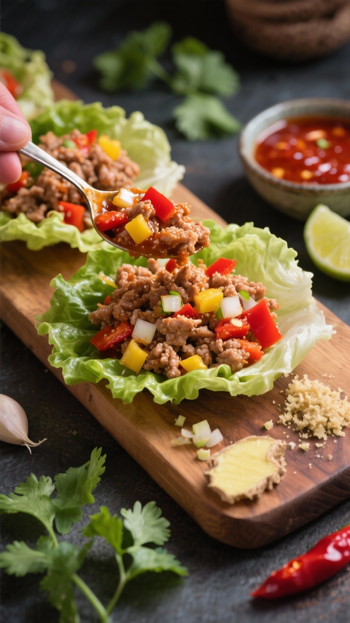 Close-up action shot of spicy turkey lettuce wraps being assembled on a board: glossy, chili-garlic and ginger fragranced lean ground turkey with diced yellow onion and minced red bell pepper spooned into crisp butter lettuce cups; visible minced garlic and grated ginger, a small bowl of chili-garlic sauce, lime wedges, and cilantro leaves nearby, high-contrast lighting to pop the reds and greens, shallow depth of field focusing on juicy, saucy turkey filling.