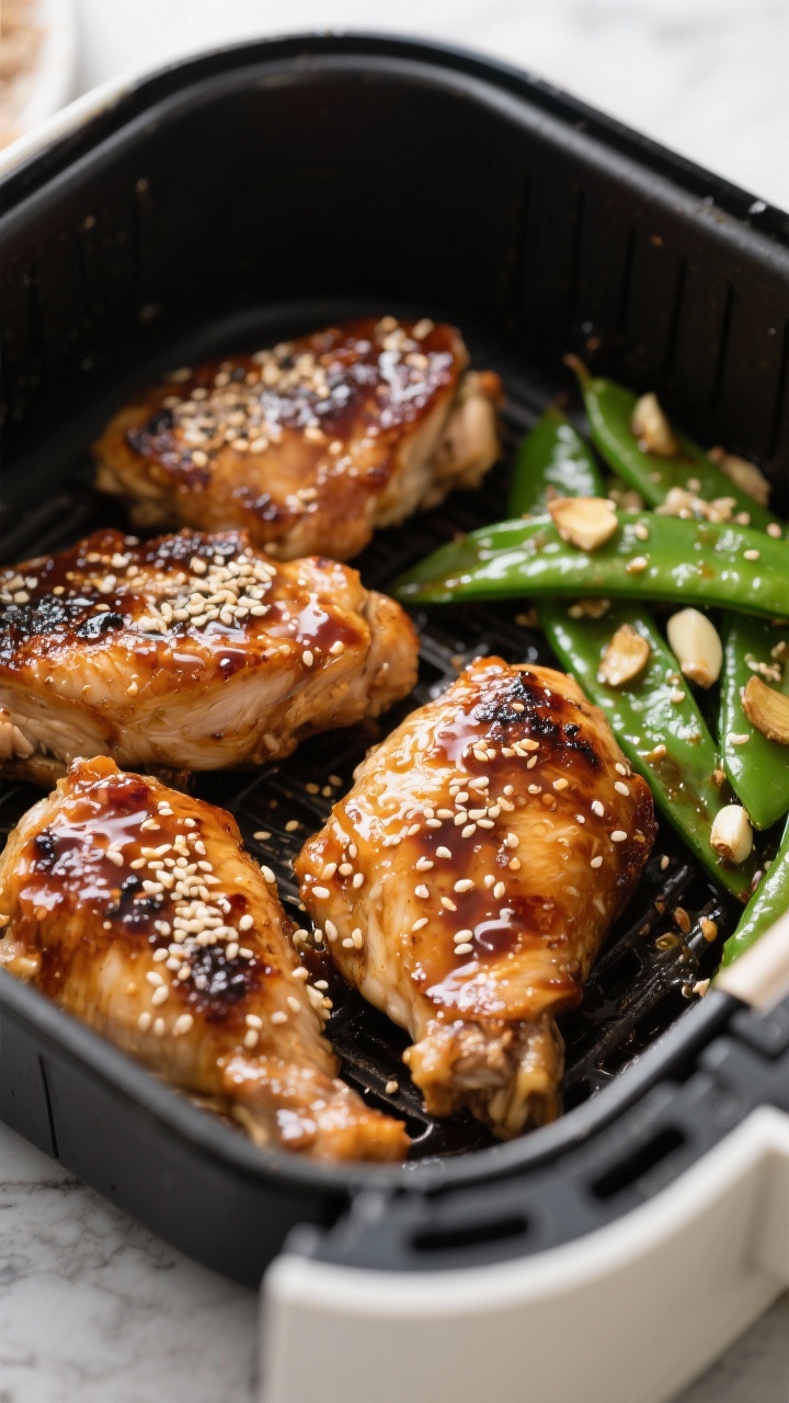 Close-up air fryer action shot: glossy ginger-soy glazed boneless, skinless chicken thighs just out of the air fryer basket, lacquered with low-sodium soy/tamari, rice vinegar, honey, sesame oil, grated fresh ginger and minced garlic; sprinkled with toasted sesame seeds; vibrant sesame snap peas on the side with a light sheen; shallow depth of field highlighting sticky glaze bubbles and charred edges; modern kitchen counter background.