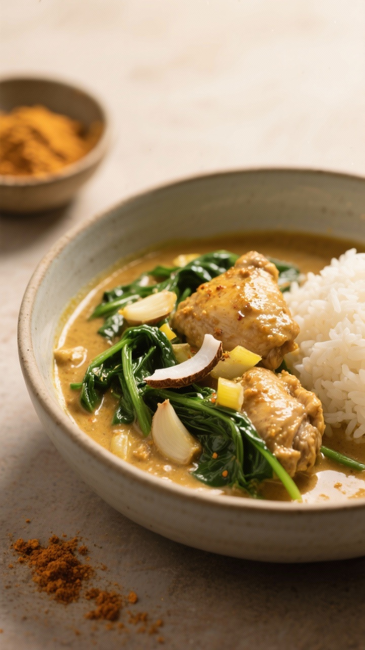 Close-up bowl of cozy curry: curry-spiced coconut braised chicken thighs (boneless, skinless) in a creamy coconut sauce with wilted spinach; visible specks of curry, minced garlic, fresh grated ginger, finely diced yellow onion; glossy coconut surface with gentle oil separation, vibrant green spinach ribbons; served in a matte ceramic bowl with steamed rice just out of frame; warm golden lighting and scattered curry powder pinch bowl.