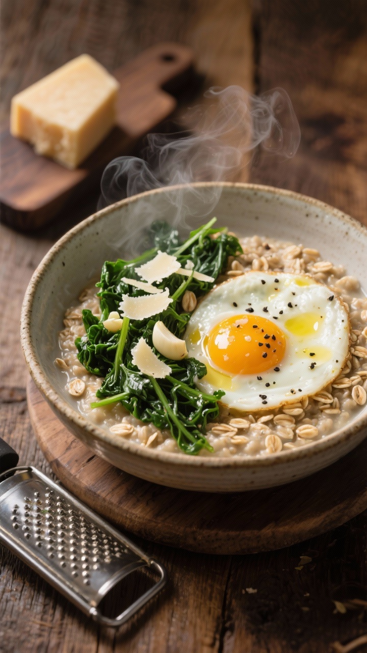 Close-up bowl shot of Savory Oats with a soft egg, Parmesan, and garlic greens: creamy old-fashioned rolled oats cooked in low-sodium broth, crowned with a jammy soft egg, ribbons of kale/spinach sautéed in olive oil with minced garlic, and shaved Parmesan melting into the oats; steam rising, cracked black pepper and a drizzle of olive oil on top; rustic ceramic bowl on a wooden table with a microplane and Parmesan wedge in frame.