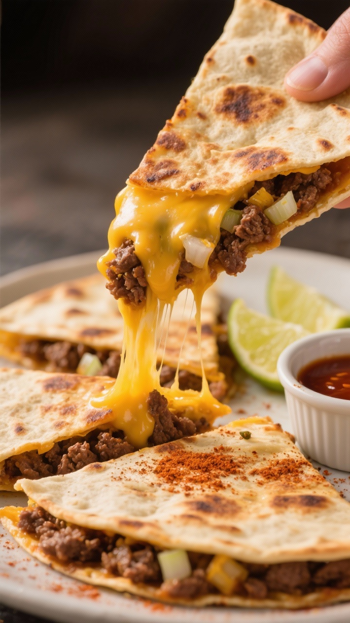 Close-up cheese-pull shot of Smoky Chipotle Beef Quesadillas: golden-crisp tortillas cut into wedges revealing seasoned ground beef with finely diced yellow onion, chipotle in adobo and cumin, gooey melted cheese stretching between pieces, a hint of smoked paprika dusting, charred spots on the tortillas, lime wedges and a small ramekin of chipotle sauce on the side, warm directional light emphasizing texture.