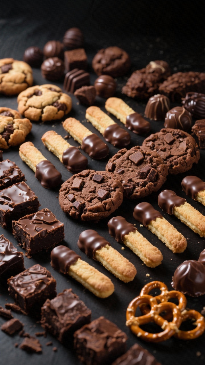 Close-up chocolate-lover’s abundance shot with glossy highlights: 12 double chocolate cookies showing melty chunks, 12 chocolate-dipped shortbread fingers with clean diagonal dip lines, 16 cocoa crinkle cookies with deep fissures, 12 brownie bites with fudgy centers, an assortment of chocolate truffles, and chocolate-covered pretzels; dark moody backdrop, directional light to emphasize shine and texture.