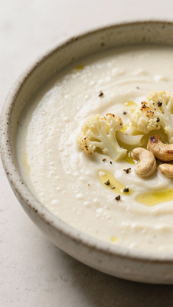 Close-up creamy cauliflower Alfredo soup in a stoneware bowl: silky off-white puree made from cauliflower, sautéed onion and garlic, blended with soaked raw cashews and vegetable broth; ultra-smooth texture with micro-bubbles, topped with a drizzle of olive oil, cracked pepper, and a few roasted cauliflower florets for contrast; neutral background, soft diffused lighting emphasizing creaminess, no heavy cream in sight.
