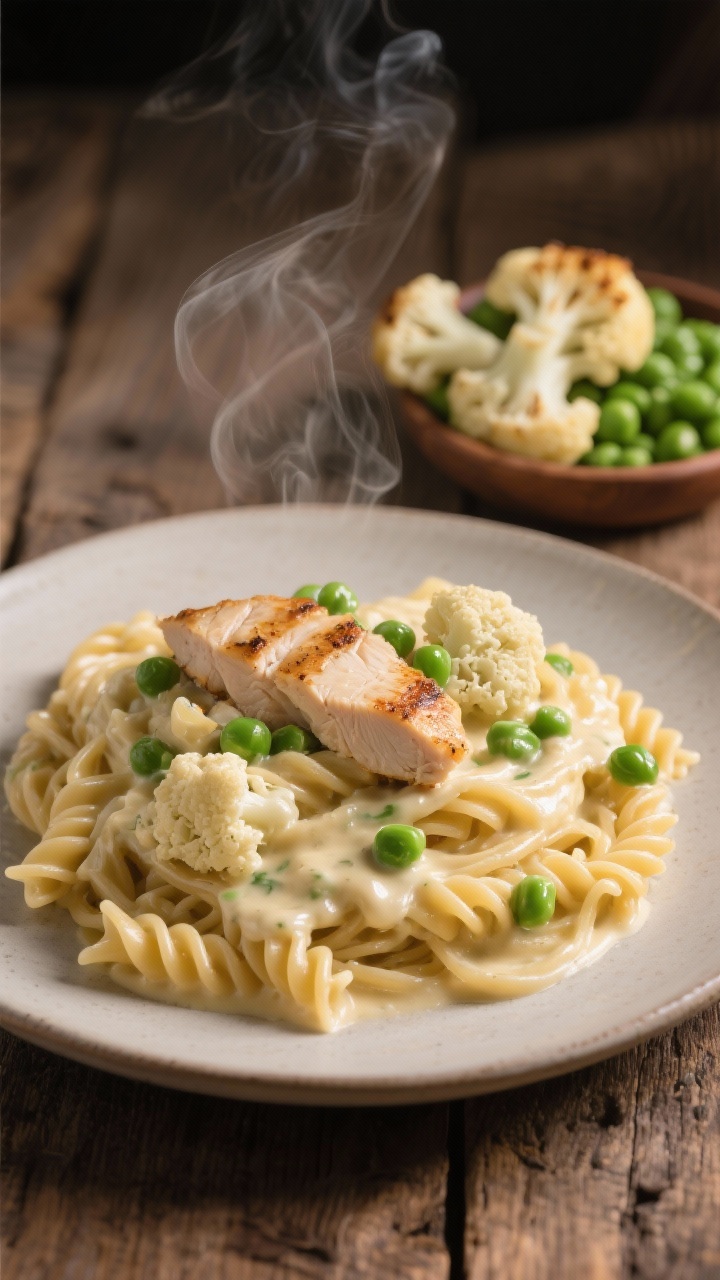 Close-up creamy pasta twirl: Whole-wheat (or chickpea) pasta coated in silky cauliflower Alfredo made from cauliflower florets blended with broth, olive oil, and garlic, topped with slices of grilled chicken and pops of sweet green peas. Steam gently rising, sauce clinging to ridges of pasta, glossy from olive oil. Neutral plate on a rustic wood table, a small dish holding extra peas and roasted cauliflower florets in the background, soft diffused light for a cozy, comforting vibe.