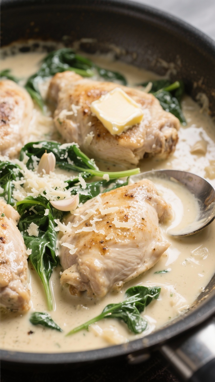 Close-up creamy skillet: tender boneless, skinless chicken thighs nestled in a silky garlic-Parmesan cream sauce, ribbons of wilted spinach peeking through. Butter gloss on the surface, minced garlic visible, thickened with a hint of flour and enriched by low-sodium broth; grated Parmesan melting into the sauce. Shot straight on to emphasize richness, with a spoon trail showing sauce viscosity in a wide sauté pan.