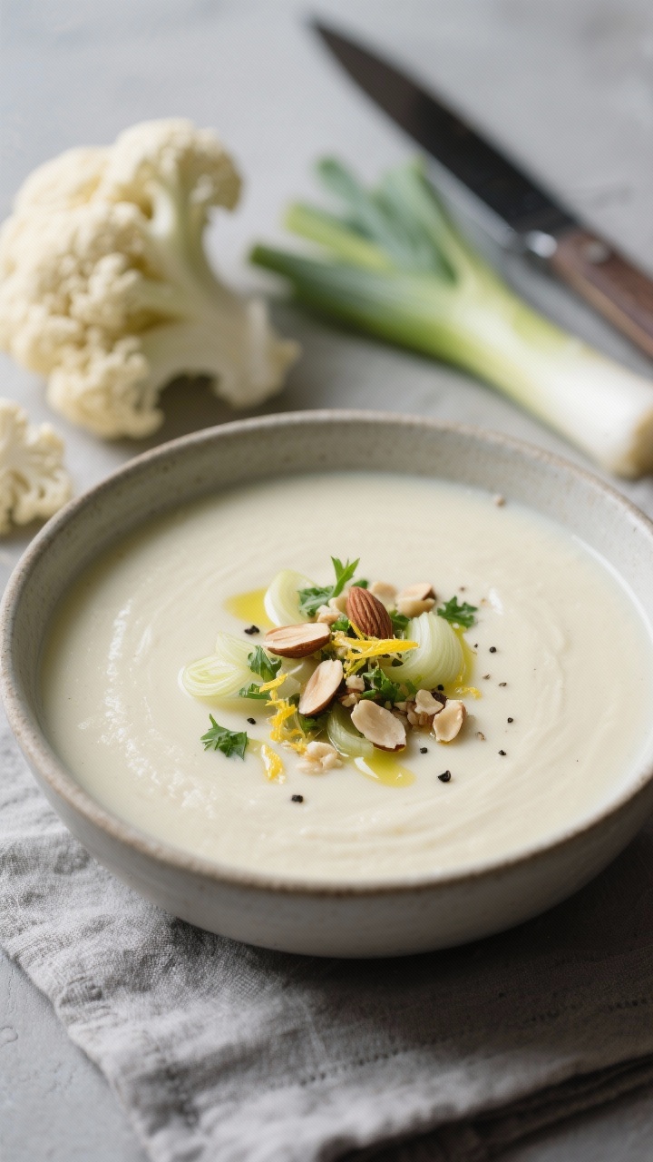 Close-up, creamy-without-cream cauliflower leek soup in a matte ceramic bowl, ultra-smooth pale ivory texture from cauliflower and sautéed leeks with garlic; crowned with a crunchy almond gremolata (toasted chopped almonds, parsley, lemon zest) for contrast; tiny olive oil sheen and cracked black pepper; placed on a cool gray linen with raw cauliflower florets, sliced leeks, and a chef’s knife subtly blurred in the background; soft diffused light emphasizing silkiness.