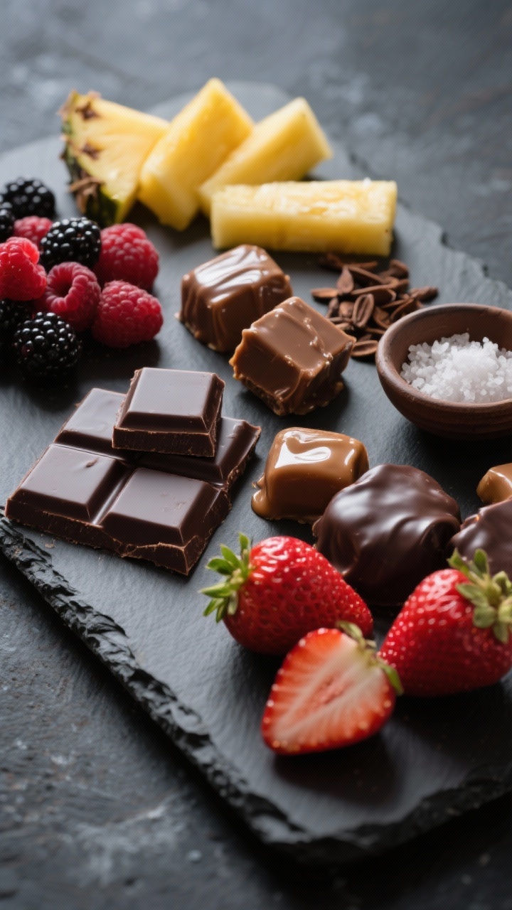 Close-up dessert charcuterie board with indulgent gloss on a dark slate: squares of dark chocolate with sharp edges, milk chocolate pieces and chocolate-covered caramels with a sheen, halved strawberries, mounded raspberries or blackberries, neat slices of pineapple or mango, and a small dish of flaky sea salt. Optional cocoa nibs sprinkled. Rich, dramatic lighting with soft highlights, emphasis on fruit juiciness and chocolate snap, sumptuous and inviting.