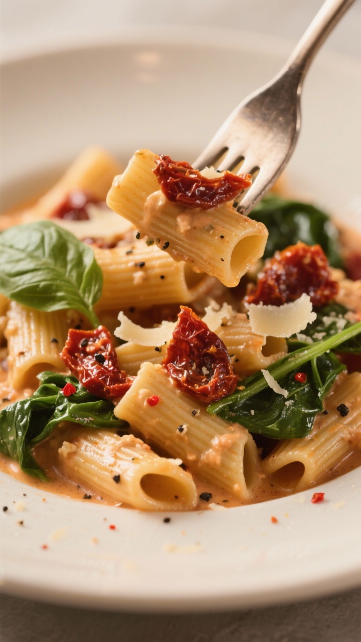 Close-up fork-twirl of creamy sun-dried tomato pasta with spinach: short pasta (rigatoni/penne/fusilli) coated in a silky sun-dried tomato and garlic cream, flecks of black pepper and parmesan, ribbons of fresh spinach just wilted, chopped sun-dried tomatoes shining from oil; shallow depth of field emphasizing sauce gloss and pasta ridges, warm golden light, specks of red pepper and basil garnish on a neutral plate.