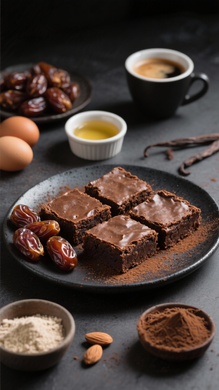 Close-up hero shot of date-sweetened paleo brownies with a subtle espresso kick: dense, moist squares on a dark ceramic plate, espresso dusting and a faint coffee sheen. Style with a pile of soft Medjool dates (pitted), a small cup of hot water, two eggs, a ramekin of melted coconut oil, vanilla extract, almond flour in a tiny bowl, unsweetened cocoa powder mound, and an espresso cup with crema. Rich, moody lighting to highlight natural sweetness and coffee notes.