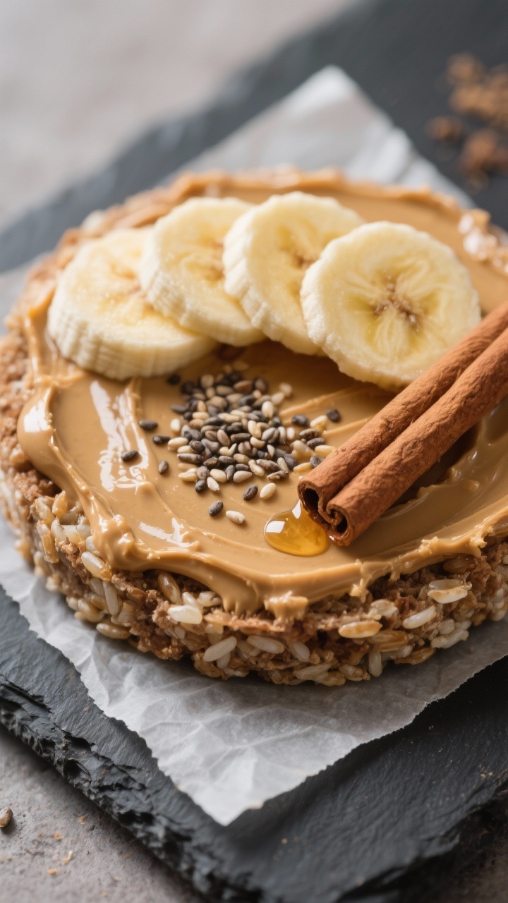 Close-up ingredient-forward shot of a peanut butter banana rice cake: a single brown rice cake spread with natural peanut butter, topped with neatly fanned slices of half a small banana, a sprinkle of chia or flax seeds, a pinch of cinnamon, and a tiny drizzle of honey; placed on parchment over a slate board, tight framing to capture creamy, crunchy textures.