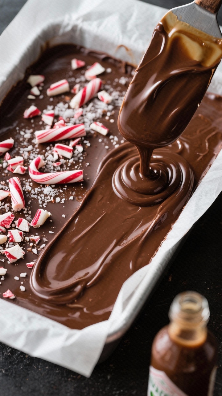 Close-up ingredient/process shot of chocolate peppermint fudge being poured into a parchment-lined loaf pan: glossy melted semi-sweet chocolate and sweetened condensed milk mixture ribboning from a spatula, a hint of peppermint extract bottle in frame; half the surface sprinkled with crushed candy canes and flaky salt, the other half plain for contrast; rich, dark tones with specular highlights emphasizing silkiness.