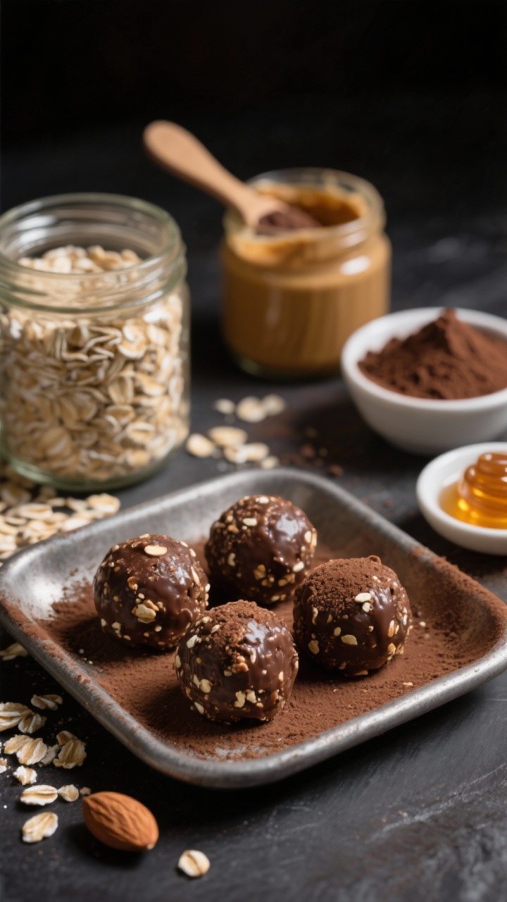 Close-up ingredient-to-finish scene: a small tray of no-bake cocoa-protein energy bites, hand-rolled, showing oats flecks and almond butter sheen; ingredients artfully arranged behind: old-fashioned rolled oats, jar of natural almond butter, scoop of chocolate/vanilla protein powder, unsweetened cocoa powder, and a tiny dish of honey or maple; moody, contrasty lighting to highlight fudgy texture and cocoa dust, shallow depth to keep bites the hero.