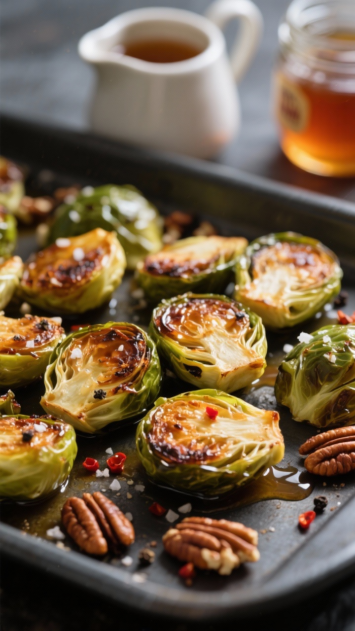 Close-up macro of Maple-Roasted Brussels Sprouts: halved sprouts with deep caramelized edges, lacquered with pure maple syrup and a drizzle of hot honey, coarse kosher salt and black pepper visible, toasted pecans scattered for crunch. A few red pepper flakes hint at heat. Shot on a dark sheet pan to emphasize char and gloss, with a small pitcher of maple syrup and a jar of hot honey blurred in the background.