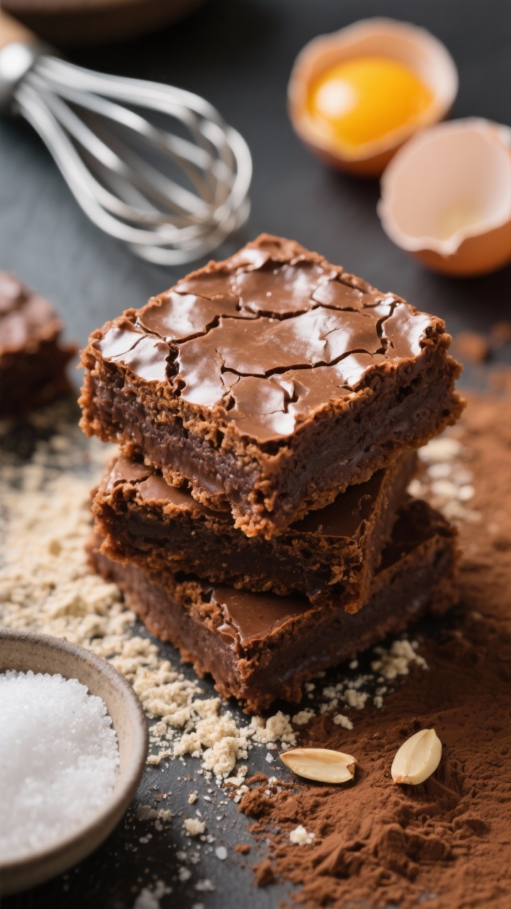 Close-up macro of one-bowl almond flour brownies with crackly, shiny tops, stacked squares showing delicate crumb. Scatter a little finely ground almond flour and cocoa powder around, with a small bowl of granular erythritol/monk fruit and a pinch of salt visible. Include a whisk and a single egg plus an extra yolk shell half in background to hint at the “1 egg + 1 yolk.” Tight depth of field to emphasize crackly top and tender interior, rich brown palette.