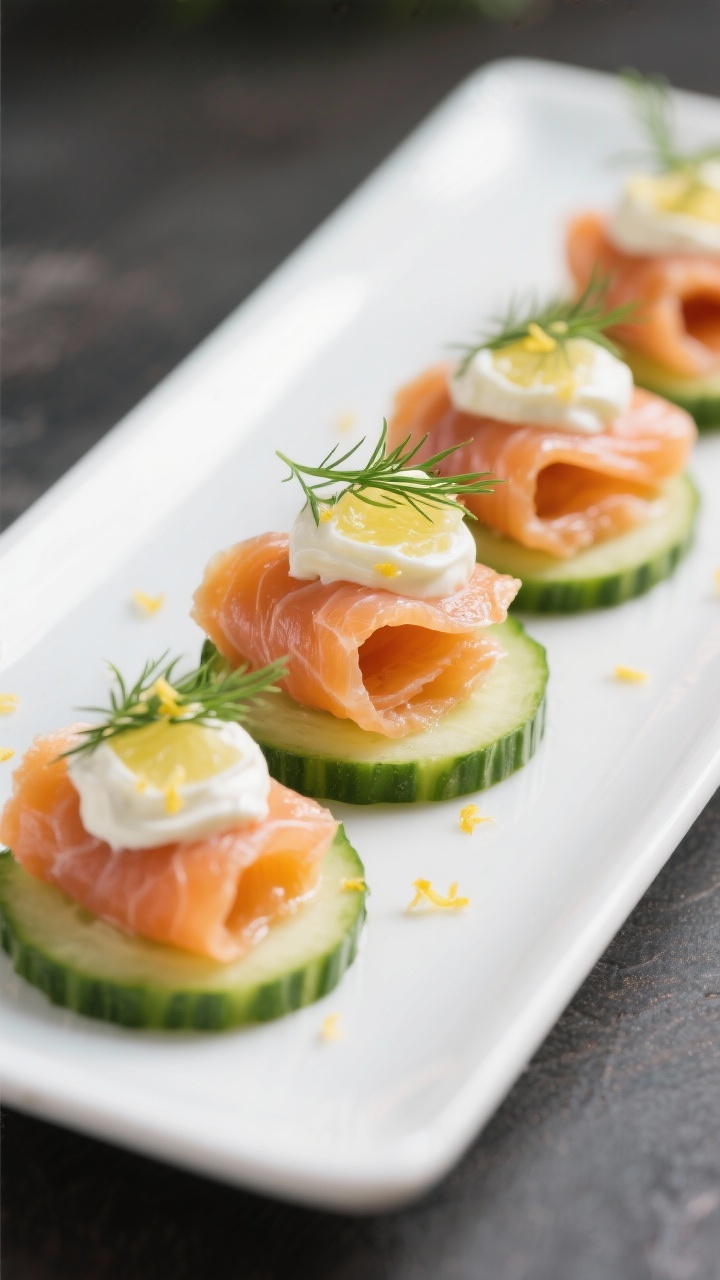 Close-up macro of smoked salmon cucumber rounds: 1/2-inch English cucumber slices topped with a dollop of lemony sour cream/creme fraiche, folded ribbons of smoked salmon, dill sprigs, and flecks of lemon zest; arranged in neat rows on a white rectangle platter; cool daylight to emphasize freshness and glossy salmon texture.