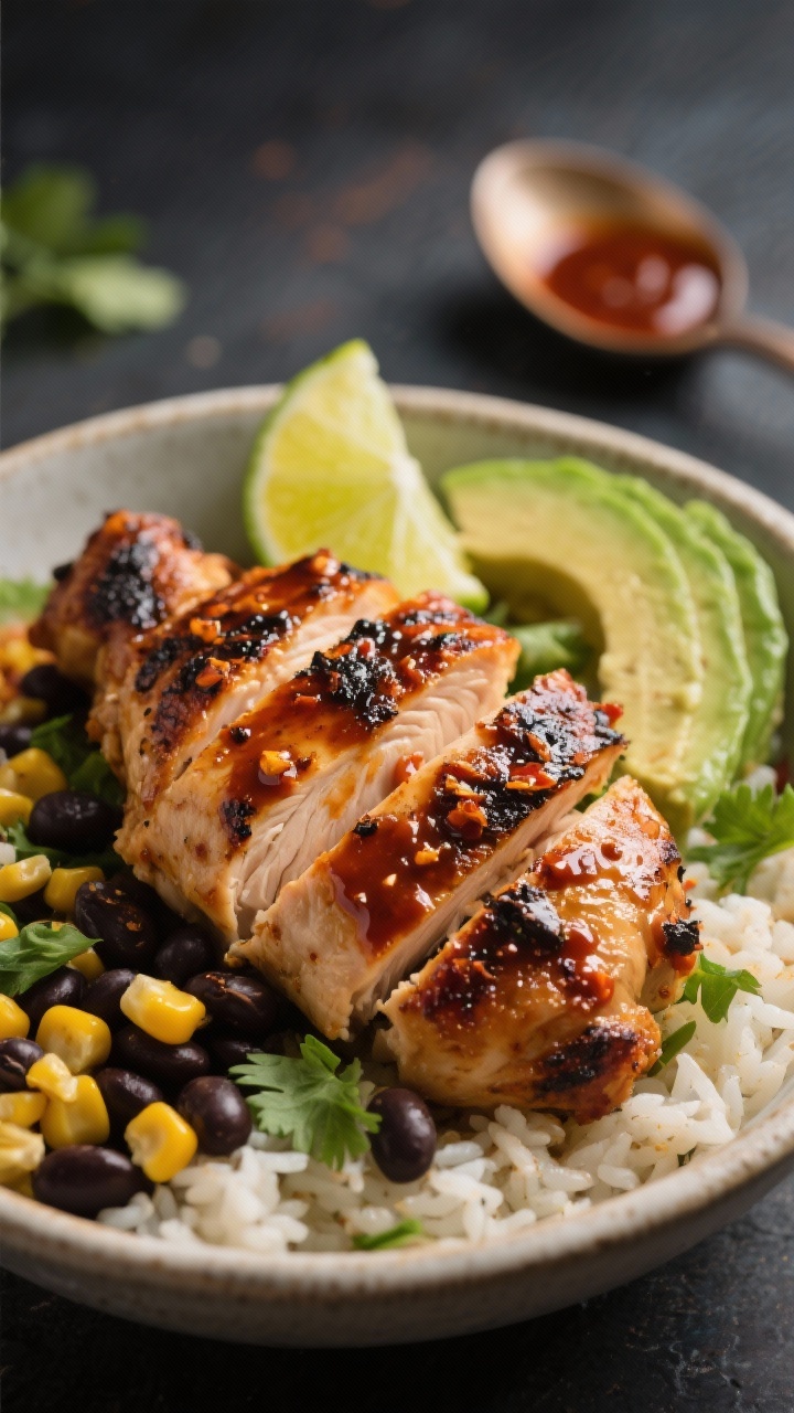 Close-up, moody shot of smoky chipotle-lime chicken thighs seared with charred edges, brushed in adobo sauce with specks of minced chipotle pepper, finished with fresh lime juice. Present sliced thighs atop a burrito bowl setup: cilantro-lime rice base, black beans, corn, and avocado fan in the background slightly out of focus. Include lime wedges and a small spoon with adobo sauce for visual heat.