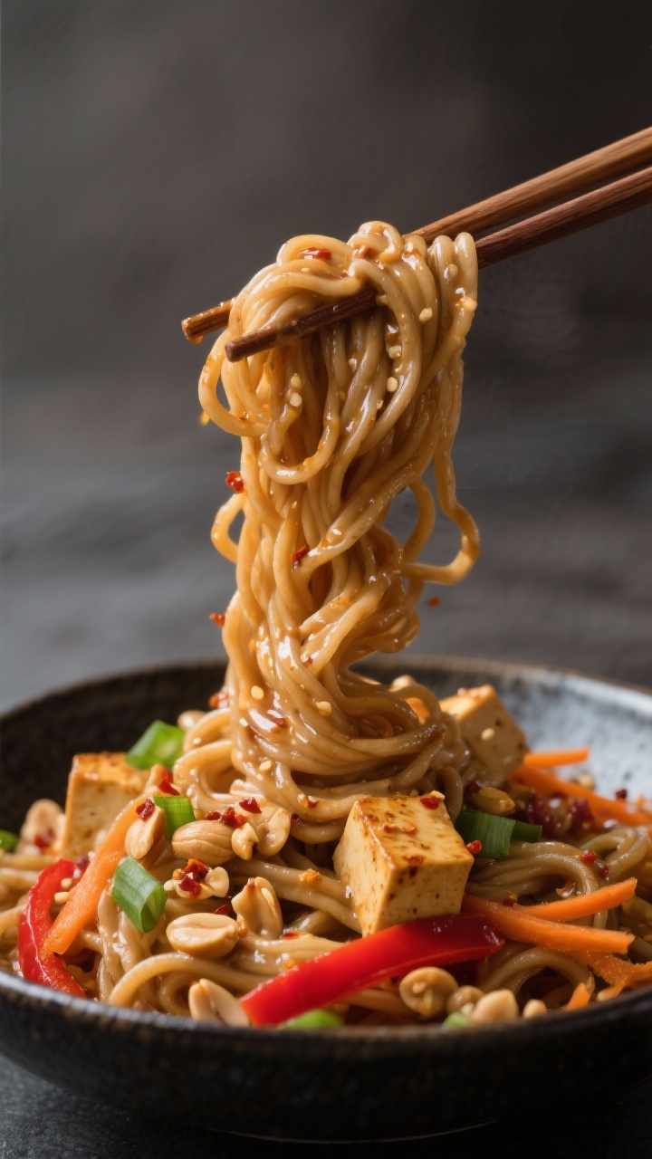 Close-up noodle twirl of Spicy Peanut Noodles: whole-wheat noodles glossy with a creamy peanut-sesame sauce, tossed with seared golden-edged tofu cubes, shredded carrots, thin red bell pepper, and sliced scallions; crushed peanuts and chili flakes sprinkled on top; a pair of chopsticks lifting a saucy tangle, droplets clinging; shallow depth of field, dark ceramic bowl, moody backdrop, hint of neutral oil sheen.