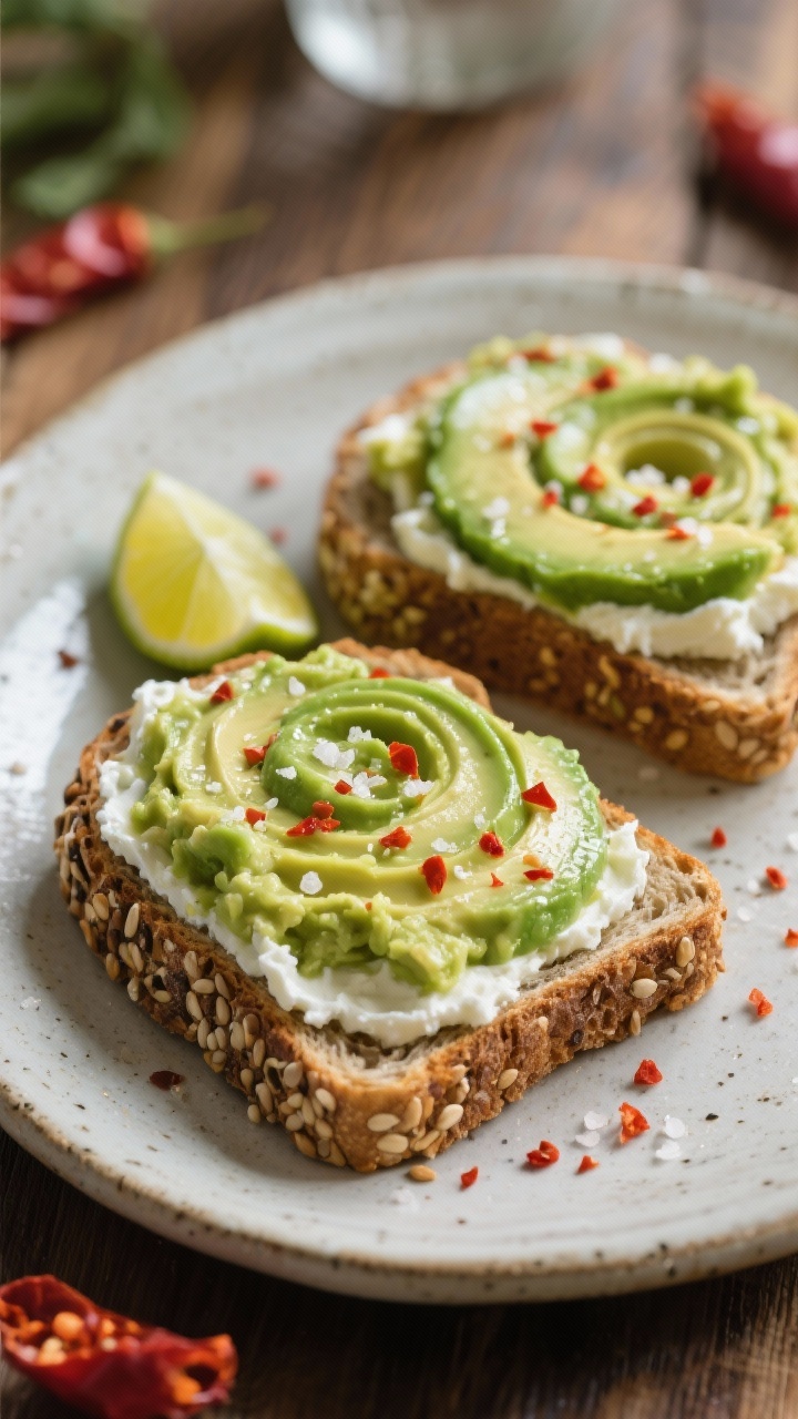 Close-up of avocado smash cottage toast: two slices of seeded whole-grain bread on a rustic ceramic plate, one with creamy cottage cheese base and avocado smash swirled on top, finished with lime juice glisten, sea salt flakes, and a dusting of red chili flakes; lime wedge and chili flakes scattered on the table; shallow depth of field to highlight velvety and crunchy textures.