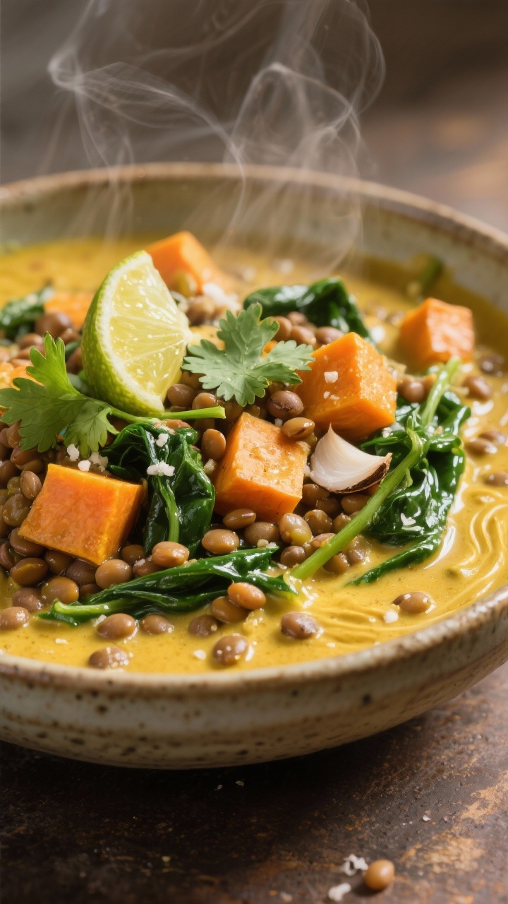 Close-up of Coconut Curry Lentils with sweet potato and spinach in a rustic bowl: creamy yellow curry sauce hugging brown/green lentils, cubes of orange sweet potato, wilted spinach ribbons; visible minced garlic, grated ginger specks, and a swirl of coconut richness; garnished with cilantro and a squeeze of lime, glossy surface with micro steam, warm golden light to emphasize the curry’s hue, tight composition for texture.