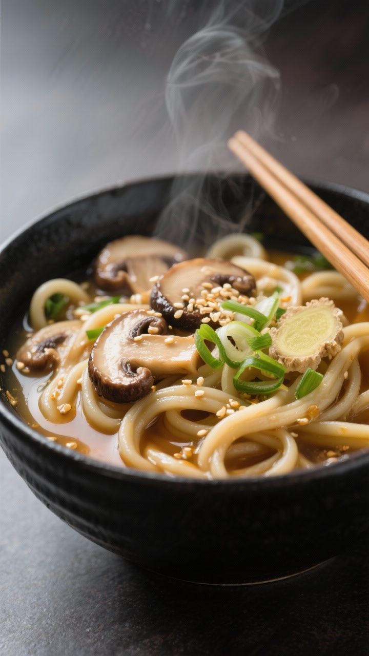 Close-up of cozy miso ginger udon with sesame mushrooms in a black ceramic bowl, thick glossy udon noodles in a light amber vegetable broth, sliced shiitake mushrooms glazed with toasted sesame oil and soy sauce, ribbons of grated fresh ginger, finely sliced scallions, and a sprinkle of toasted sesame seeds; shallow depth of field with steam and a pair of chopsticks resting on the rim.