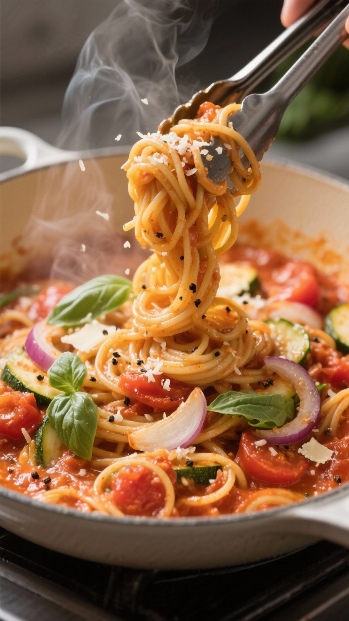 Close-up of creamy one-pot tomato basil pasta twirled on tongs above a Dutch oven: whole-wheat spaghetti coated in velvety crushed-tomato sauce with thinly sliced onion and garlic, grated zucchini folded in for hidden veg, ribbons of fresh basil and a glossy sheen of olive oil; steam rising, flecks of black pepper and sea salt visible, grated Parmesan dusted on top; warm, cozy kitchen light, emphasizing saucy sheen and tender pasta strands.