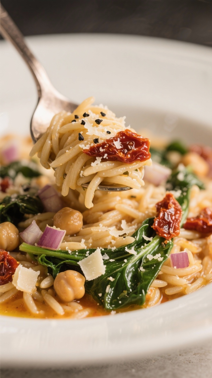 Close-up of creamy sun-dried tomato orzo twirled on a spoon: silky orzo cooked in low-sodium broth, flecked with finely diced onion and minced garlic, ribbons of spinach wilted through, chickpeas folded in, and specks of sun-dried tomatoes glistening with infused olive oil; Parmesan dusting and crack of black pepper visible; warm, comforting tones with shallow depth of field.