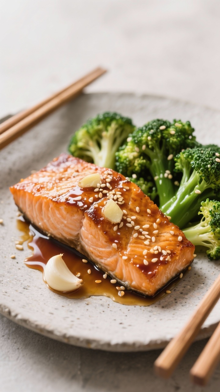 Close-up of Garlic-Ginger Salmon with Sesame Broccoli: crispy-skinned salmon fillets lacquered with a glossy glaze of low-sodium soy (or tamari), honey, rice vinegar, toasted sesame oil, minced garlic, and ginger, nestled alongside vibrant sesame-tossed broccoli florets; toasted sesame seeds sprinkled on top; light soy glaze pooling slightly; shot at 45 degrees on a neutral stone plate, chopsticks nearby, clean minimal styling.