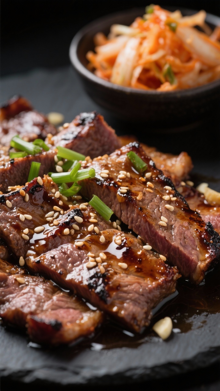 Close-up of lean Korean beef bulgogi: thin slices of top sirloin glistening with a marinade of low-sodium soy sauce, honey/brown sugar, rice vinegar, toasted sesame oil, garlic, and ginger; charred edges and glossy sheen, sprinkled with sesame seeds and scallions; a side of crisp kimchi slaw in a small bowl; shallow depth of field, moody dark background for drama.