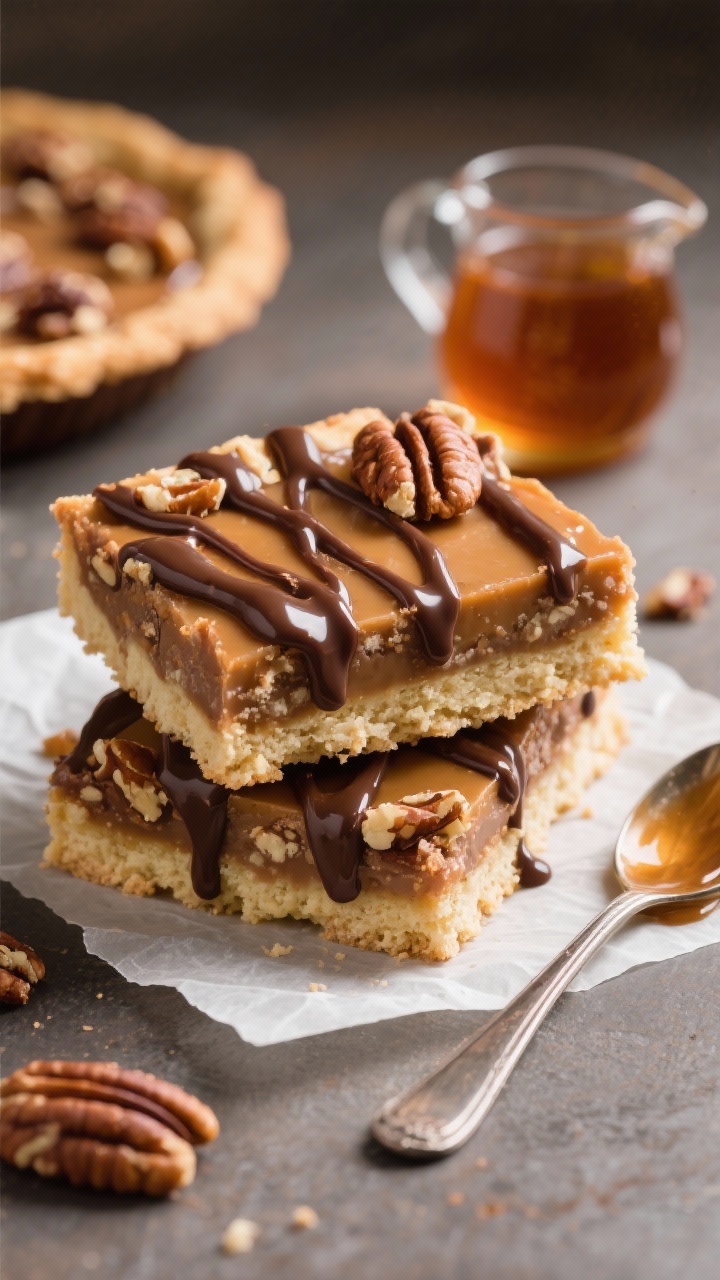 Close-up of maple pecan pie bars with a glossy chocolate drizzle: shortbread-like base from butter, sugar, flour, and salt, topped with a rich maple and light brown sugar custard studded with toasted pecans; thick ribbons of melted chocolate cross-hatched on top; bars stacked slightly off-center on a parchment square, a drizzle spoon and a small pitcher of pure maple syrup nearby, rich amber and cocoa tones, crisp edges and sticky sheen.