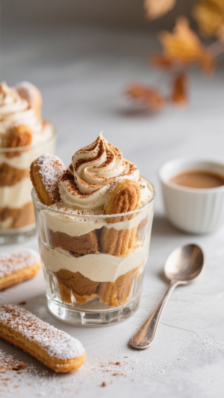 Close-up of no-bake chai-spiced tiramisu cups layered in clear glass tumblers: chai-soaked ladyfingers with maple syrup and vanilla, pumpkin mascarpone-cream cheese layer sweetened with powdered sugar and pumpkin pie spice, dusting of cinnamon on top; creamy swirls and soaked biscuit texture visible through the glass, a small cup of strong chai and a spoon beside, cool autumn lighting, elegant minimal styling.
