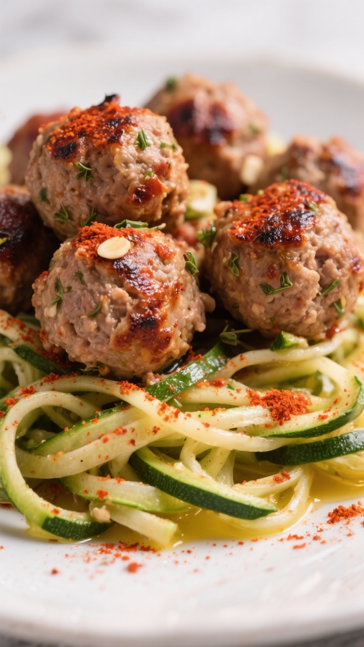 Close-up of smoky paprika turkey meatballs piled over twirled zucchini noodles. Meatballs made from lean ground turkey bound with egg and almond flour, seasoned with smoked paprika, dried oregano, onion powder, and minced garlic, lightly charred edges and juicy interior visible. Zoodles glisten with a light drizzle of olive oil and paprika dusting; shallow depth of field, rich reds and greens, high-contrast appetizing texture.
