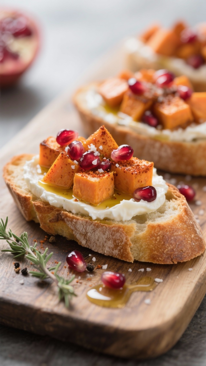 Close-up of sweet potato crostini on a rustic board: toasted baguette rounds brushed with olive oil, topped with cinnamon- and smoked paprika-roasted sweet potato cubes, a swoosh of whipped ricotta, and sparkling pomegranate arils; sprinkled with salt and black pepper; a drizzle of olive oil and a few thyme leaves for color; high-key lighting to make the ricotta creamy and pomegranate glossy, bokeh in the background.