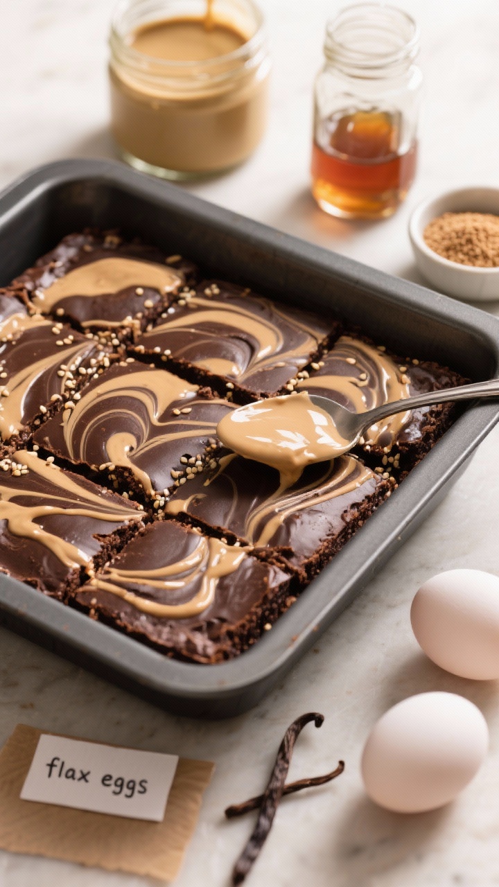 Close-up of tahini swirl brownies in the pan, with dramatic sesame-tahini marbling across a dark cocoa base. A spoon trails glossy tahini ribbons on top. Style with jars of tahini and pure maple syrup, a small dish of coconut sugar, two eggs (plus a note card showing “flax eggs” with ground flax and water in a tiny bowl), and vanilla extract. Soft directional light, emphasis on silky swirl texture and sesame sheen.